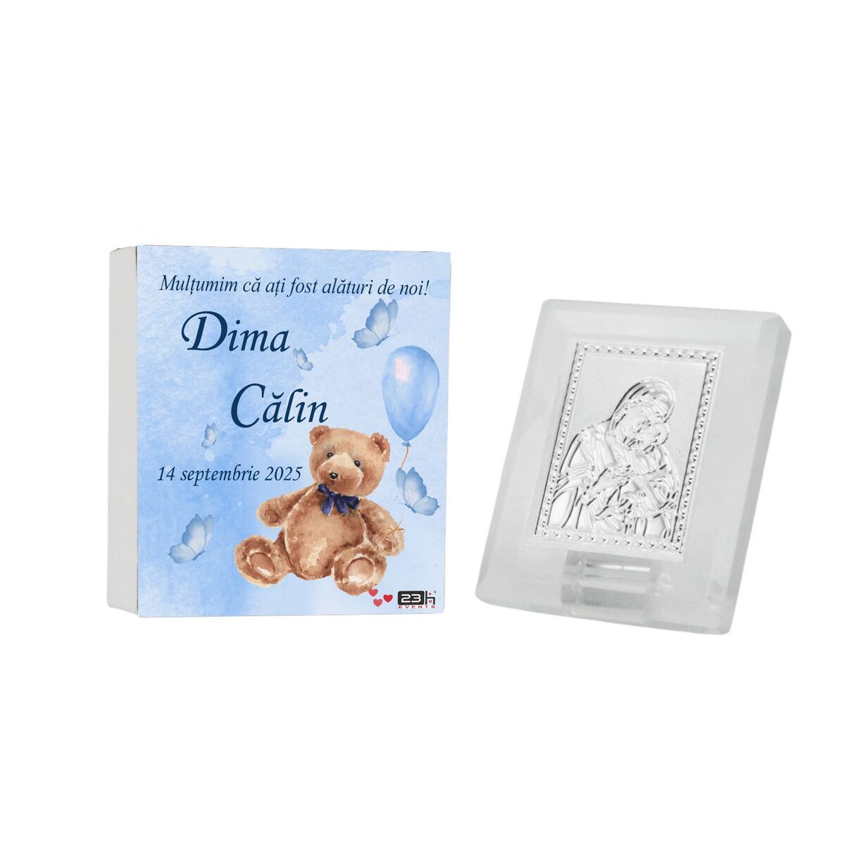 Mărturie botez, iconiță în cutie personalizată, Ursuleț & balon bleu ILIF505051