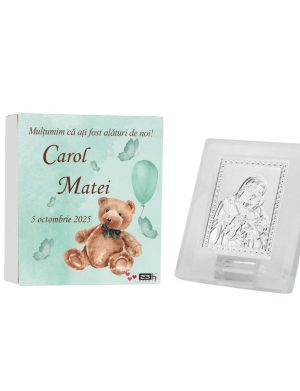 Mărturie botez, iconiță în cutie personalizată, Ursuleț & balon verde ILIF505050
