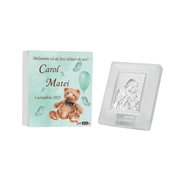 Mărturie botez, iconiță în cutie personalizată, Ursuleț & balon verde ILIF505050