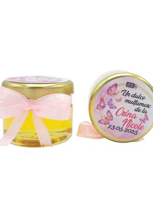 Mărturie dulce cu miere, model handmade Iubire - fluturi roz, borcan 30 gr - DSBC505003