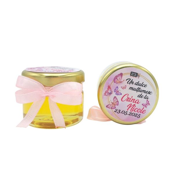 Mărturie dulce cu miere, model handmade Iubire - fluturi roz, borcan 30 gr - DSBC505003