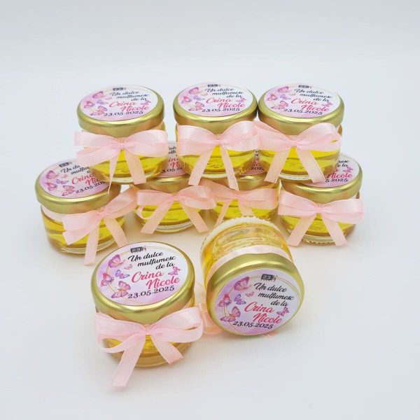 Mărturie dulce cu miere, model handmade Iubire - fluturi roz, borcan 30 gr - DSBC505003 - Image 2