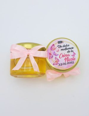 Mărturie dulce cu miere, model handmade Iubire – fluturi roz, borcan 30 gr – DSBC505003