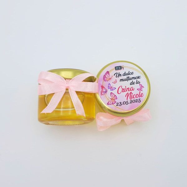 Mărturie dulce cu miere, model handmade Iubire - fluturi roz, borcan 30 gr - DSBC505003 - Image 3