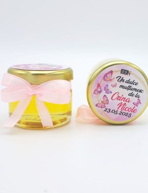 Mărturie dulce cu miere, model handmade Iubire – fluturi roz, borcan 30 gr – DSBC505003