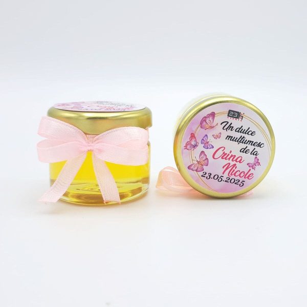 Mărturie dulce cu miere, model handmade Iubire - fluturi roz, borcan 30 gr - DSBC505003 - Image 4