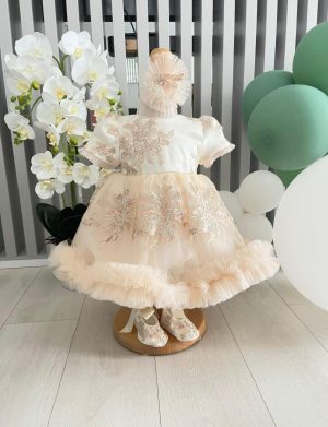 Rochiță botez fetiță, alb-ivory cu tulle – ILIF505021