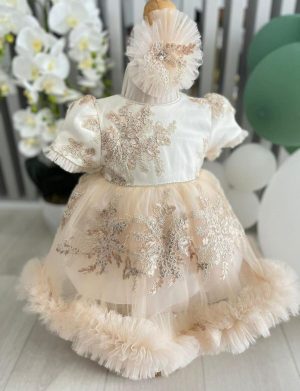 Rochiță botez fetiță, alb-ivory cu tulle – ILIF505021