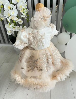 Rochiță botez fetiță, alb-ivory cu tulle – ILIF505021
