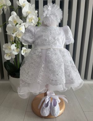 Rochiță botez fetiță, albă cu danteluță albă – ILIF505026