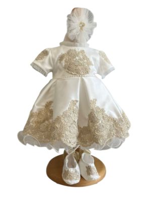 Rochiță botez fetiță, albă cu danteluță ivory – ILIF505023
