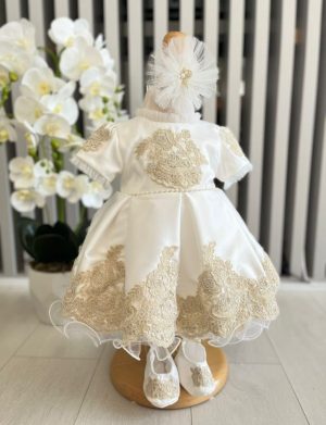 Rochiță botez fetiță, albă cu danteluță ivory – ILIF505023