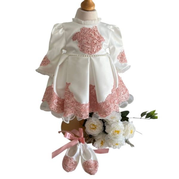 Rochiță botez fetiță, albă cu danteluță roz pudră ILIF505022 (4)