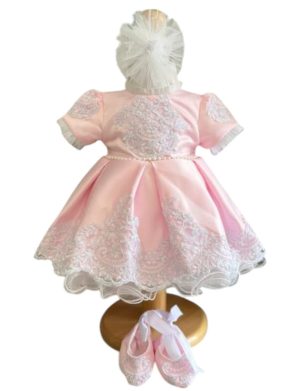 Rochiță botez fetiță, roz cu danteluță albă – ILIF505024