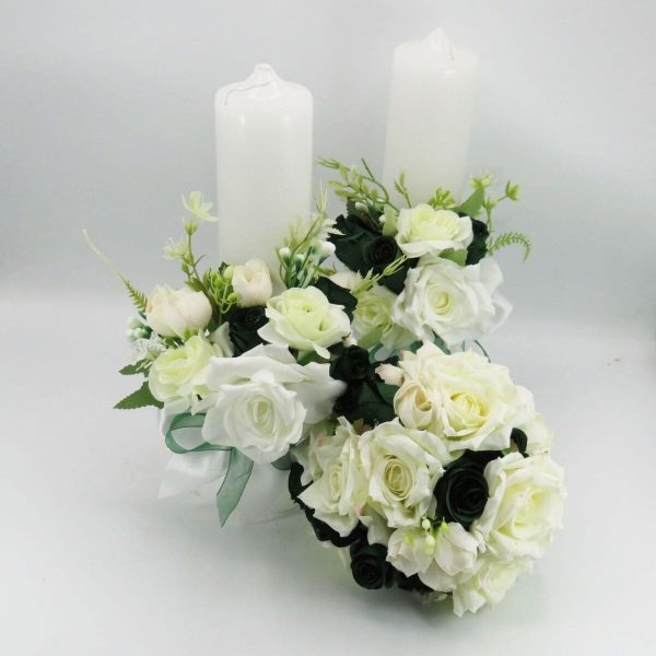 Set 2 lumânări cununie decorate + buchet, flori de mătase verde & alb ILIF505034 (1)