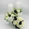 Set 2 lumânări cununie decorate + buchet, flori de mătase verde & alb ILIF505034 (2)