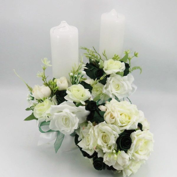 Set 2 lumânări cununie decorate + buchet, flori de mătase verde & alb ILIF505034 (2)