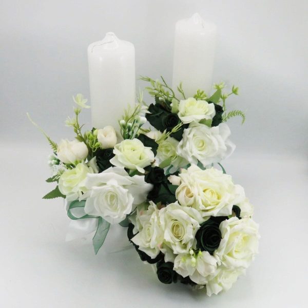 Set 2 lumânări cununie decorate + buchet, flori de mătase verde & alb ILIF505034 (3)