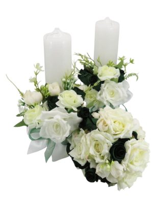 Set 2 lumânări cununie decorate + buchet, flori de mătase verde & alb ILIF505034 (4)