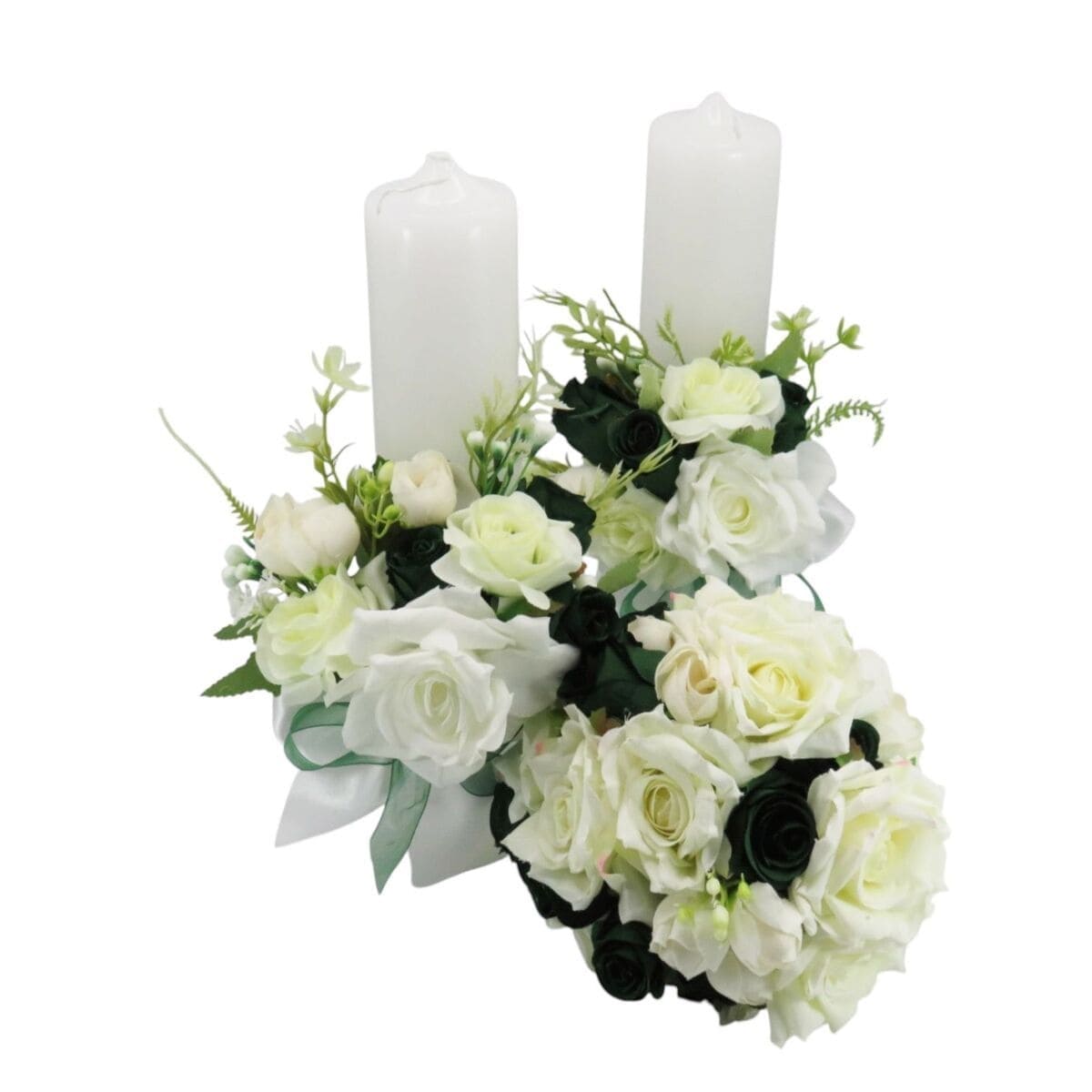Set 2 lumânări cununie decorate + buchet, flori de mătase verde & alb ILIF505034 (4)