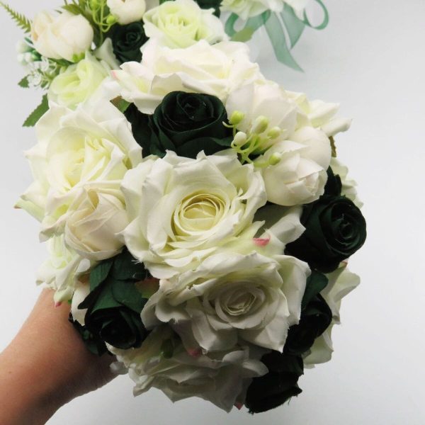 Set 2 lumânări cununie decorate + buchet, flori de mătase verde & alb ILIF505034 (5)