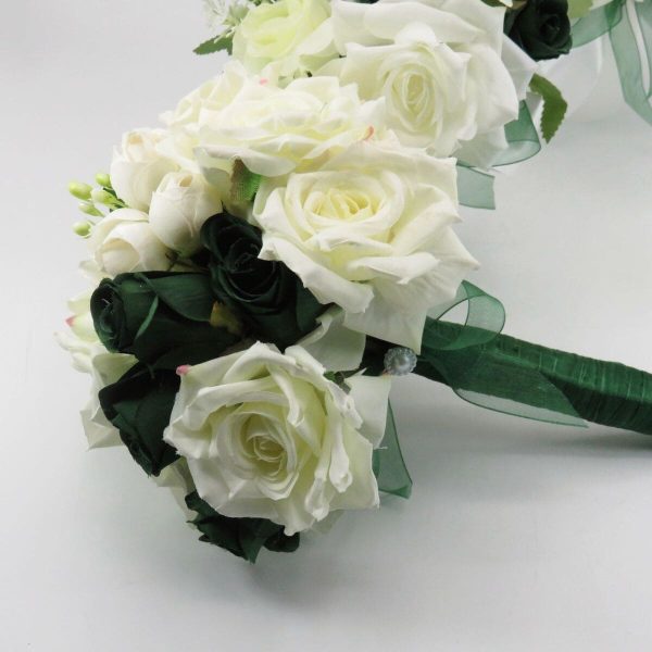 Set 2 lumânări cununie decorate + buchet, flori de mătase verde & alb ILIF505034 (8)