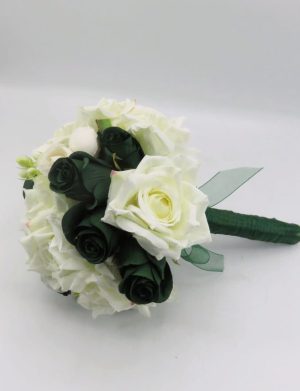 Buchet Mireasă din flori de mătase, alb-verde smarald – ILIF506060
