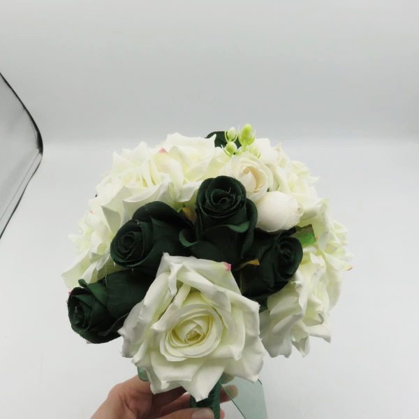 Buchet Mireasă din flori de mătase, alb-verde smarald - ILIF506060 - imagine 4