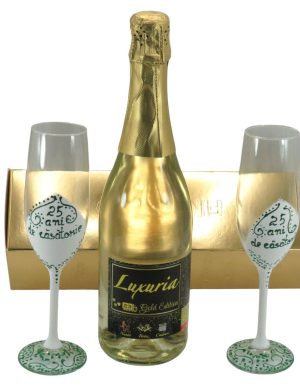 Cadou aniversare 25 de ani – Vin Spumant Luxuria cu foita de aur 23k si 2 pahare decorate manual – ALIF506070