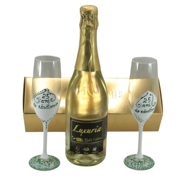 Cadou aniversare 25 de ani - Vin Spumant Luxuria cu foita de aur 23k si 2 pahare decorate manual - ALIF506070