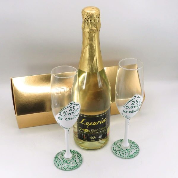 Cadou aniversare 25 de ani - Vin Spumant Luxuria cu foita de aur 23k si 2 pahare decorate manual - ALIF506070 - imagine 9