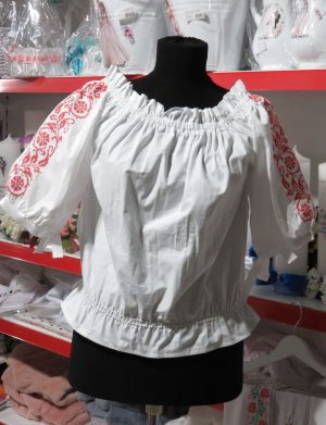 Camasă cu motive traditionale-roșu, din material poplin twill, bumbac 100%, mânecă scurtă – LLDJ506001