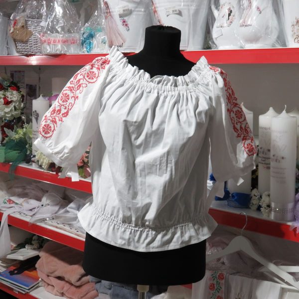 Camasă cu motive traditionale-roșu, din material poplin twill, bumbac 100%, mânecă scurtă - LLDJ506001 - imagine 2