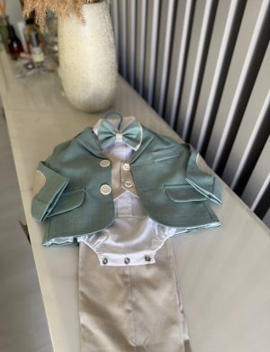 Costumaș botez băiețel, model premium verde salvie, 6 piese – ILIF506078