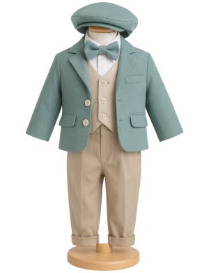 Costumaș botez băiețel, model premium verde salvie, 6 piese - ILIF506078