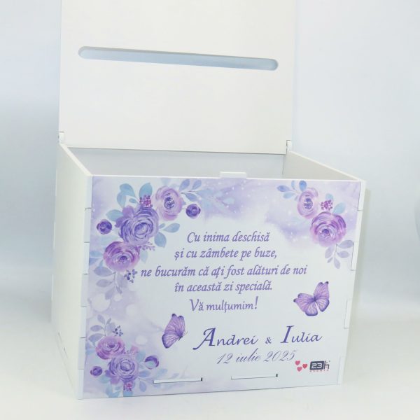 Cutie dar nuntă, Flori violet, model personalizat, 27x20x21cm - ILIF506039 - imagine 3