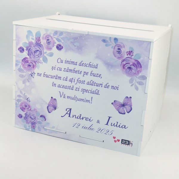 Cutie dar nuntă, Flori violet, model personalizat, 27x20x21cm - ILIF506039 - imagine 2