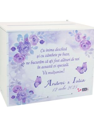 Cutie dar nuntă, Flori violet, model personalizat, 27x20x21cm - ILIF506039