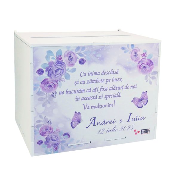 Cutie dar nuntă, Flori violet, model personalizat, 27x20x21cm - ILIF506039
