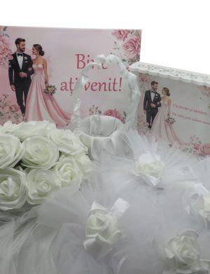 Kit Nuntă 5 piese: tăviță gătit mireasa, panou mic bun venit, decoruri auto, coșuleț – ILIF506029