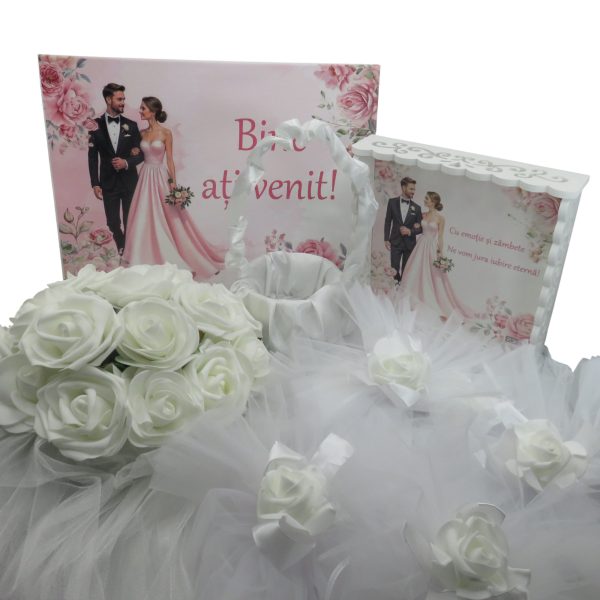 Kit Nuntă 5 piese: tăviță gătit mireasa, panou mic bun venit, decoruri auto, coșuleț - ILIF506029