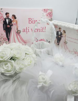 Kit Nuntă 5 piese: tăviță gătit mireasa, panou mic bun venit, decoruri auto, coșuleț – ILIF506029