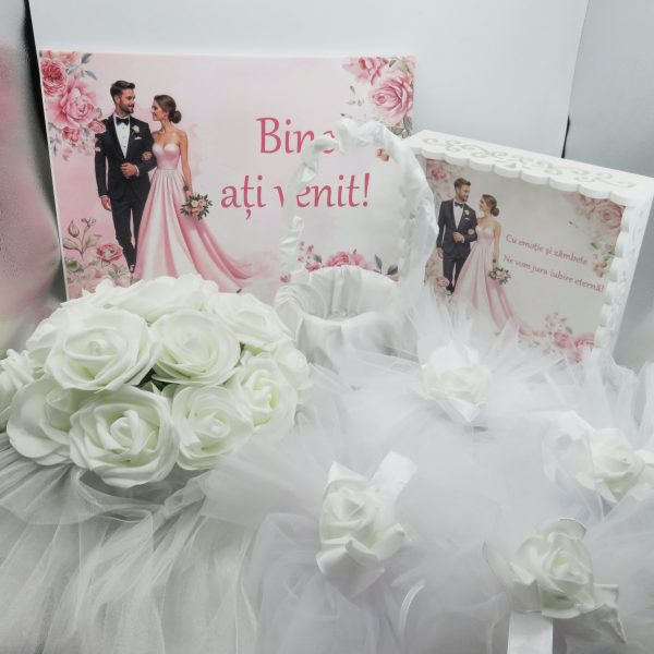 Kit Nuntă 5 piese: tăviță gătit mireasa, panou mic bun venit, decoruri auto, coșuleț - ILIF506029 - imagine 3