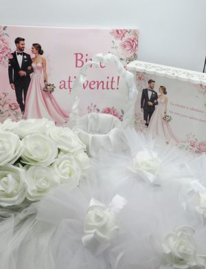 Kit Nuntă 5 piese: tăviță gătit mireasa, panou mic bun venit, decoruri auto, coșuleț – ILIF506029