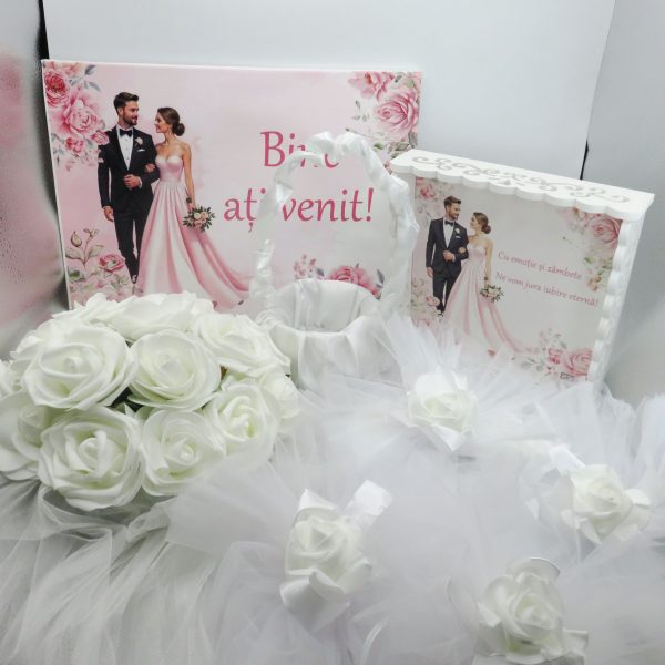 Kit Nuntă 5 piese: tăviță gătit mireasa, panou mic bun venit, decoruri auto, coșuleț - ILIF506029 - imagine 2