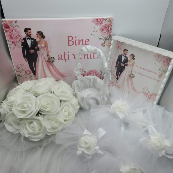 Kit Nuntă 5 piese: tăviță gătit mireasa, panou mic bun venit, decoruri auto, coșuleț - ILIF506029 - imagine 7