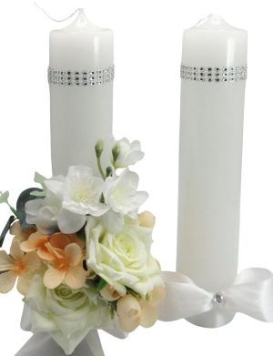 Lumânare Nuntă decorată, flori de mătase alb-piersică - ILIF506059