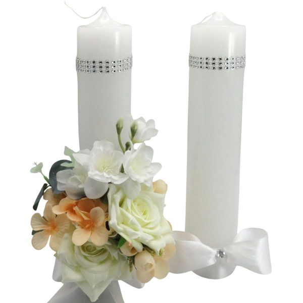 Lumânare Nuntă decorată, flori de mătase alb-piersică - ILIF506059