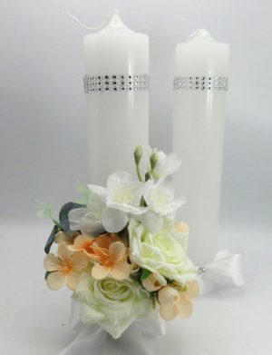 Lumânare Nuntă decorată, flori de mătase alb-piersică – ILIF506059