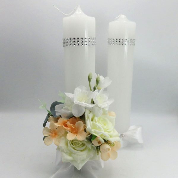 Lumânare Nuntă decorată, flori de mătase alb-piersică - ILIF506059 - imagine 2